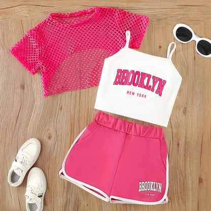 Ensemble 3 pièces d’été fille – Top mesh + Débardeur + Jupe/Short (7–13 ans)