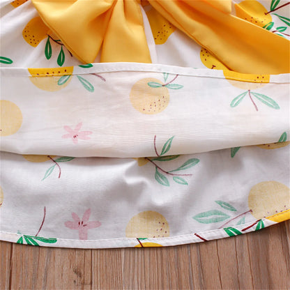 Ensemble Été Bébé Fille 2 Pièces – Robe à Bretelles Imprimé Fruits & Chapeau Assorti