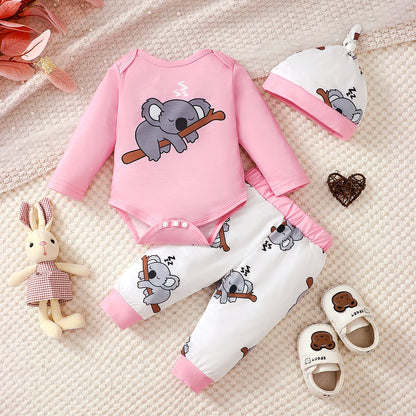 Ensemble Bébé Fille 3 Pièces “Koala” – Body + Pantalon + Bonnet | 0–18 Mois