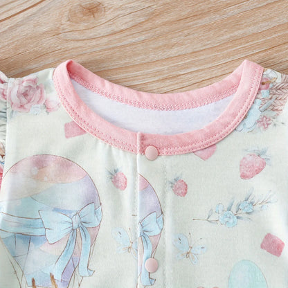 Barboteuse Bébé Fille Écureuil & Ballon – Combinaison d’Été Douce et Confortable