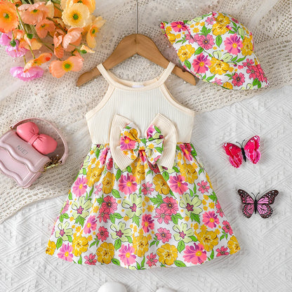 Robe d’été bébé fille + chapeau assorti – Motif feuilles tropicales