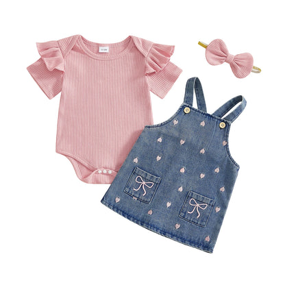 Ensemble bébé fille Saint-Valentin – 3 pièces romantiques avec barboteuse à volants (0 à 24 mois)