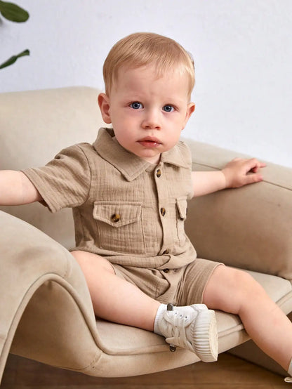 Ensemble Bébé Garçon Chic Été – Barboteuse Chemise en Coton Doux (3 à 24 mois)