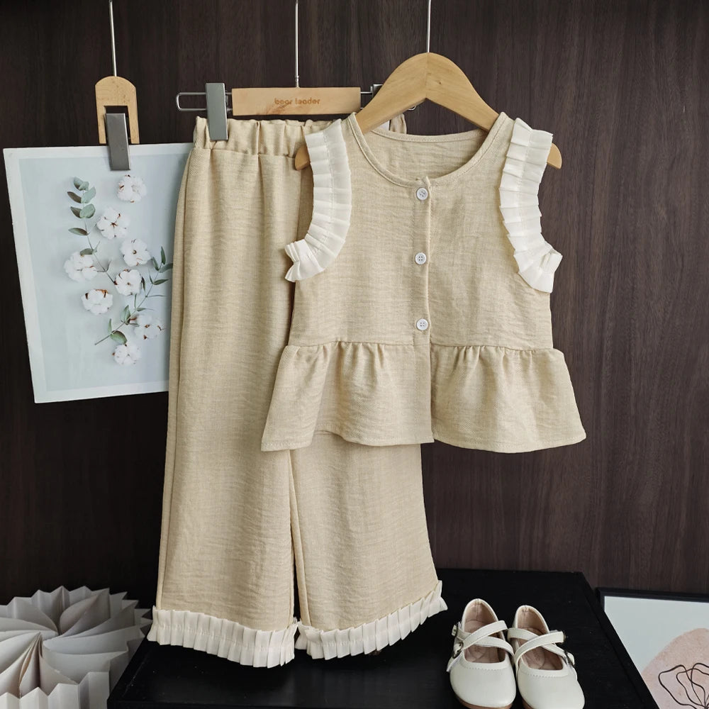 Ensemble Fille 2 Pièces Bleu – Haut Sans Manches & Pantalon Large (4–6 ans)