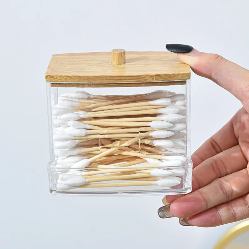 Boîte de rangement pour coton-tige, Double tête en bois pour bébé, couverture carrée transparente en bambou, organisateur de cure-dents pour coton-tige
