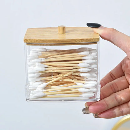 Boîte de rangement pour coton-tige, Double tête en bois pour bébé, couverture carrée transparente en bambou, organisateur de cure-dents pour coton-tige
