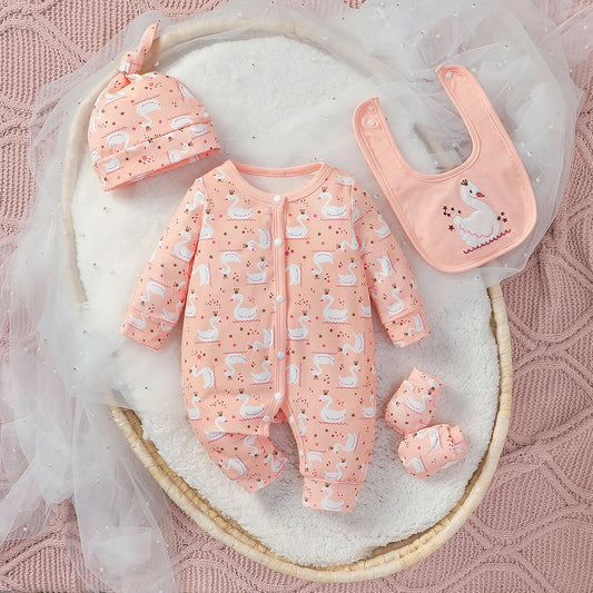 Ensemble Naissance 4 Pièces Rose – Grenouillère + Bavoir + Bonnet + Moufles | 0–6 Mois