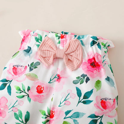Ensemble Bébé Fille 3 Pièces – Body Manches Longues, Pantalon Fleuri & Bandeau – Printemps & Automne (0–12 mois)