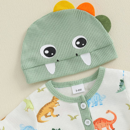 Ensemble bébé garçon été 3 pièces – Barboteuse manches courtes imprimée + pantalon uni + bonnet assorti