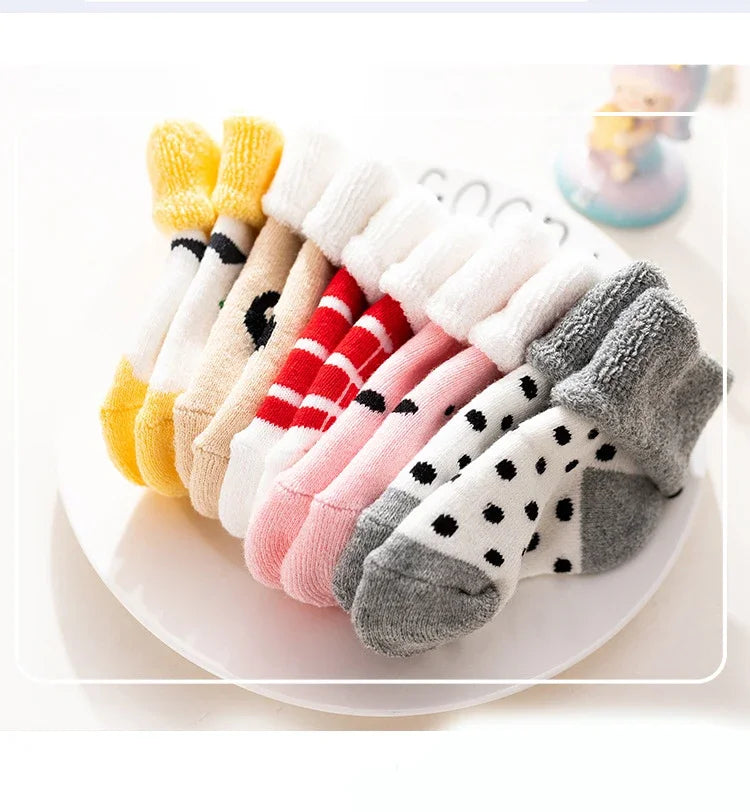 Lot de 5 paires chaussettes bébé – Chaudes & épaisses – Motifs cartoon (automne/hiver)