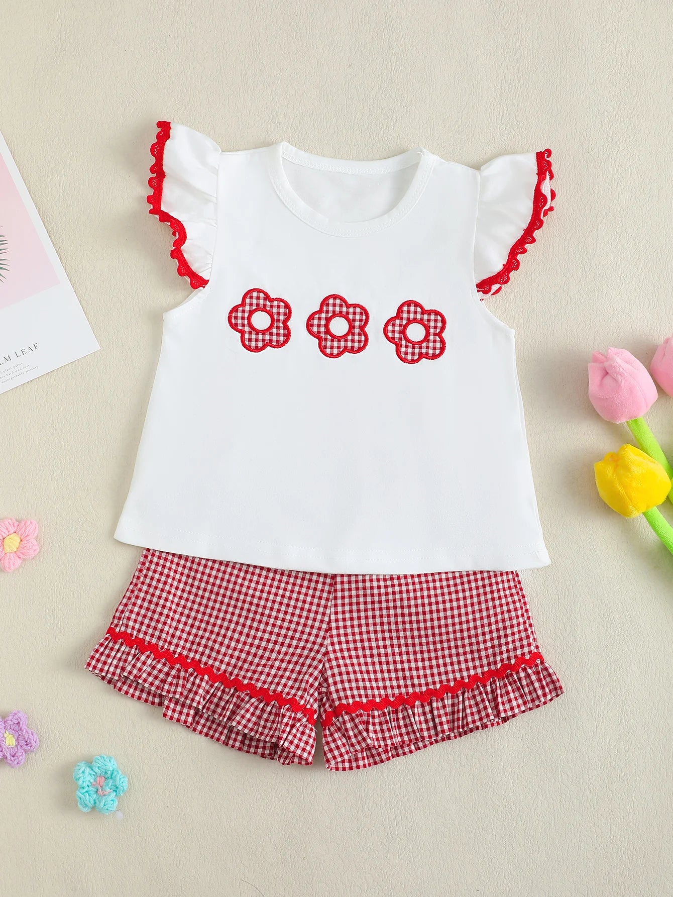 Ensemble Bébé Fille Blanc & Rouge – Haut Détails Cœur + Bas Assorti
