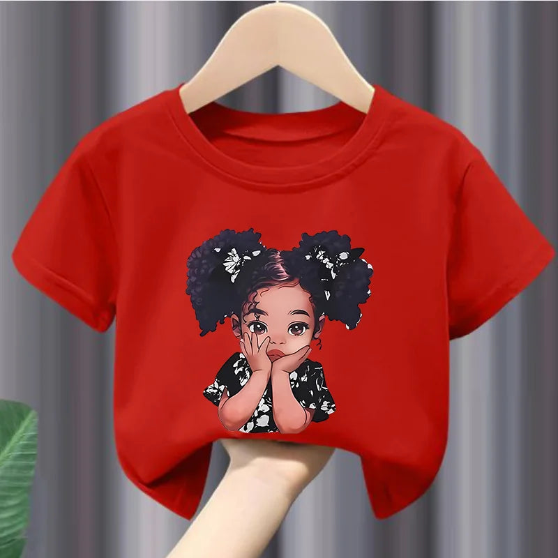 Girls' Summer Crew-neck Short-sleeved Top New Black Girls' Print Top Kids Clothes  Boys Girls Clothes
