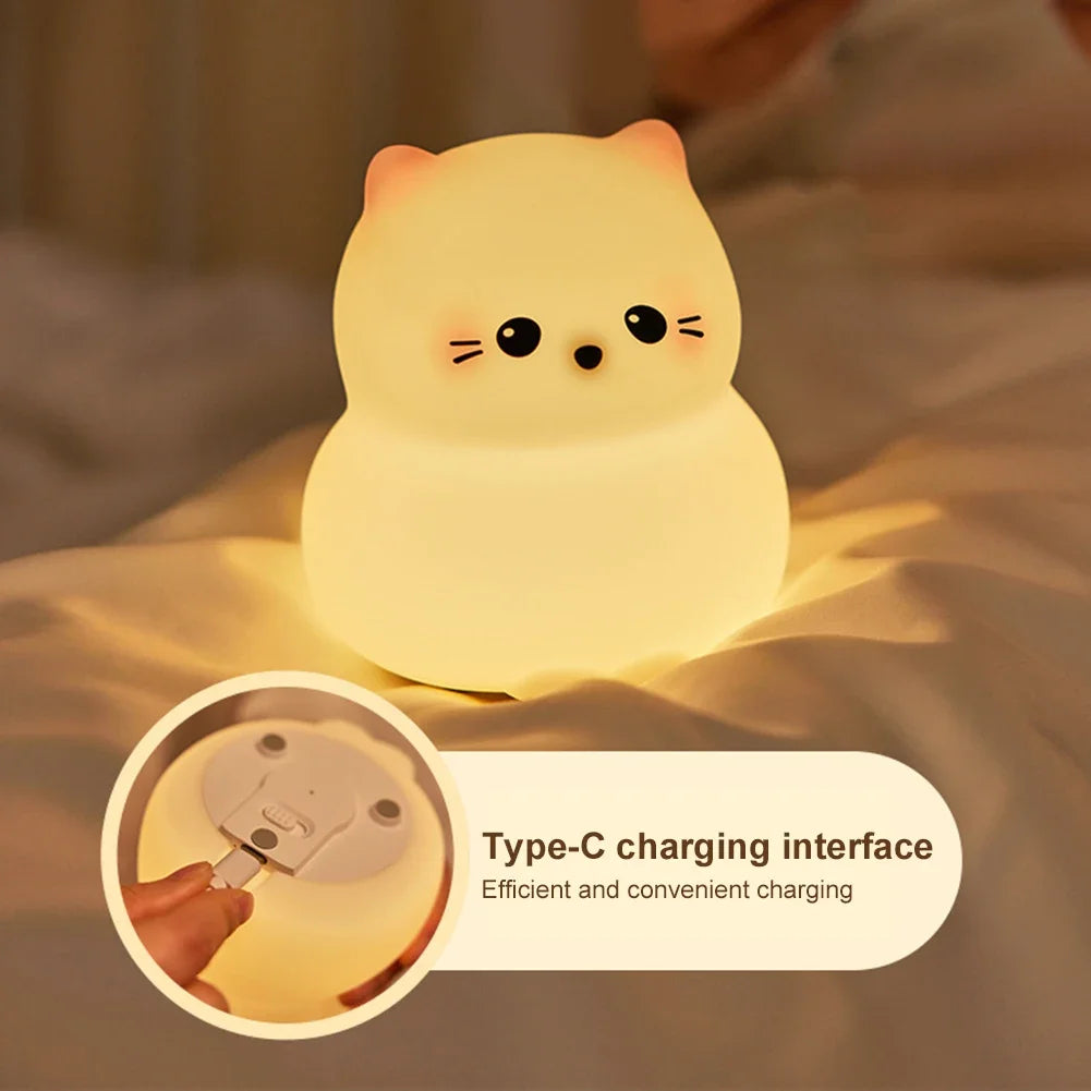 Veilleuse bébé chat en silicone tactile rechargeable – Lampe de nuit douce Guardian Kitty