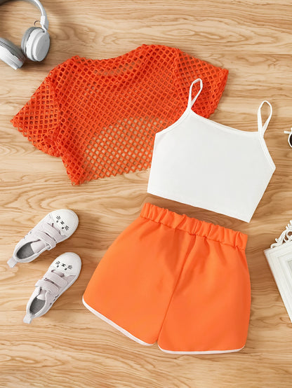 Ensemble 3 pièces d’été fille – Top mesh + Débardeur + Jupe/Short (7–13 ans)