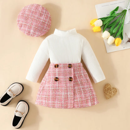 Ensemble bébé fille automne 2 pièces – Haut à manches longues & jupe à carreaux avec béret assorti (6 mois à 3 ans)