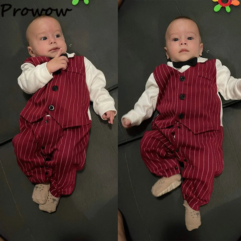 Ensemble Habillé Bébé Garçon – Barboteuse/Ensemble avec Gilet & Noeud Papillon (Bleu/Rouge)