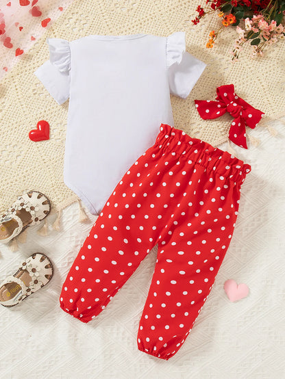 Ensemble Bébé Fille 3 Pièces – Romper Cœur, Pantalon & Bandeau en Coton Doux