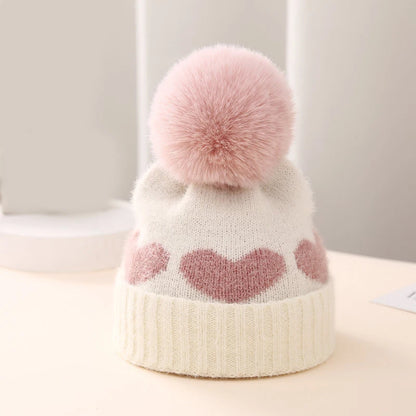 Bonnet Bébé Pompon – Chapeau Tricot Cœur Automne Hiver