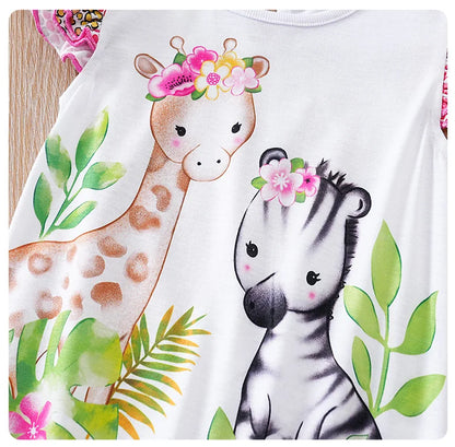 Barboteuse bébé fille – Motif faon tacheté & fleurs – Manches volantées – Confort été (0–12 mois)