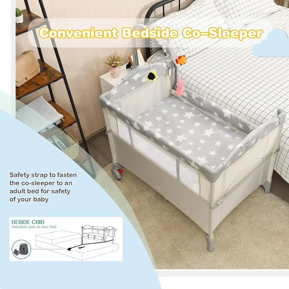 Jardin de jeu portable 5 en 1 avec couffin, table à langer, rangement, archet de jouets et boîte à musique (Beige)