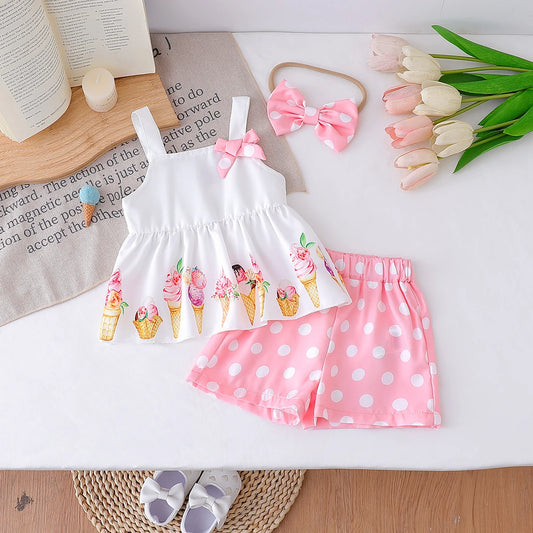 Ensemble été bébé fille crème & rose – Haut à bretelles et short à pois (2 pièces)