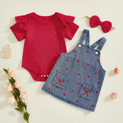 Ensemble bébé fille Saint-Valentin – 3 pièces romantiques avec barboteuse à volants (0 à 24 mois)