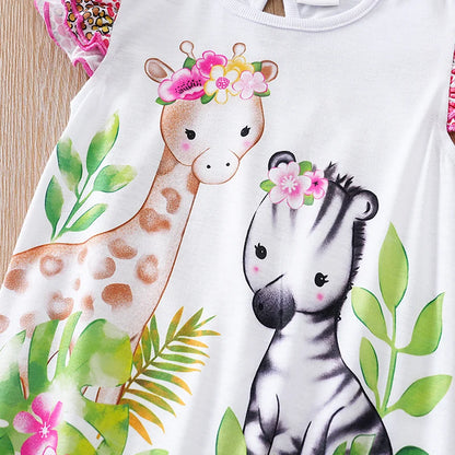 Barboteuse bébé fille – Motif faon tacheté & fleurs – Manches volantées – Confort été (0–12 mois)