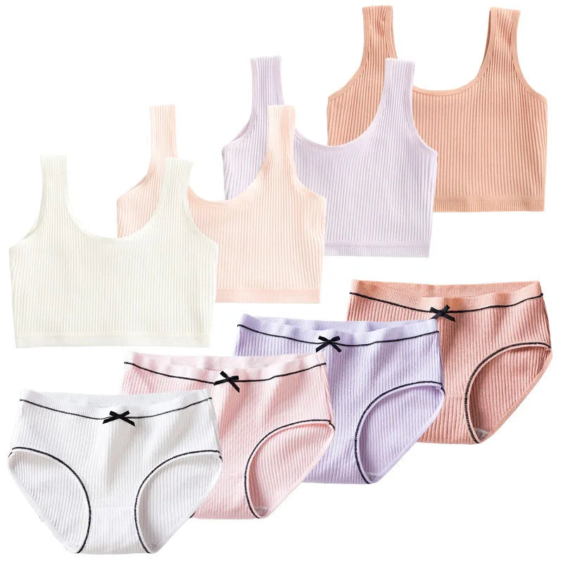 Ensemble de culottes et soutiens-gorge en coton pour filles adolescentes, soutien-gorge d'entraînement en coton, ensemble de culottes, soutien-gorge de sport solide pour enfants, sous-vêtements