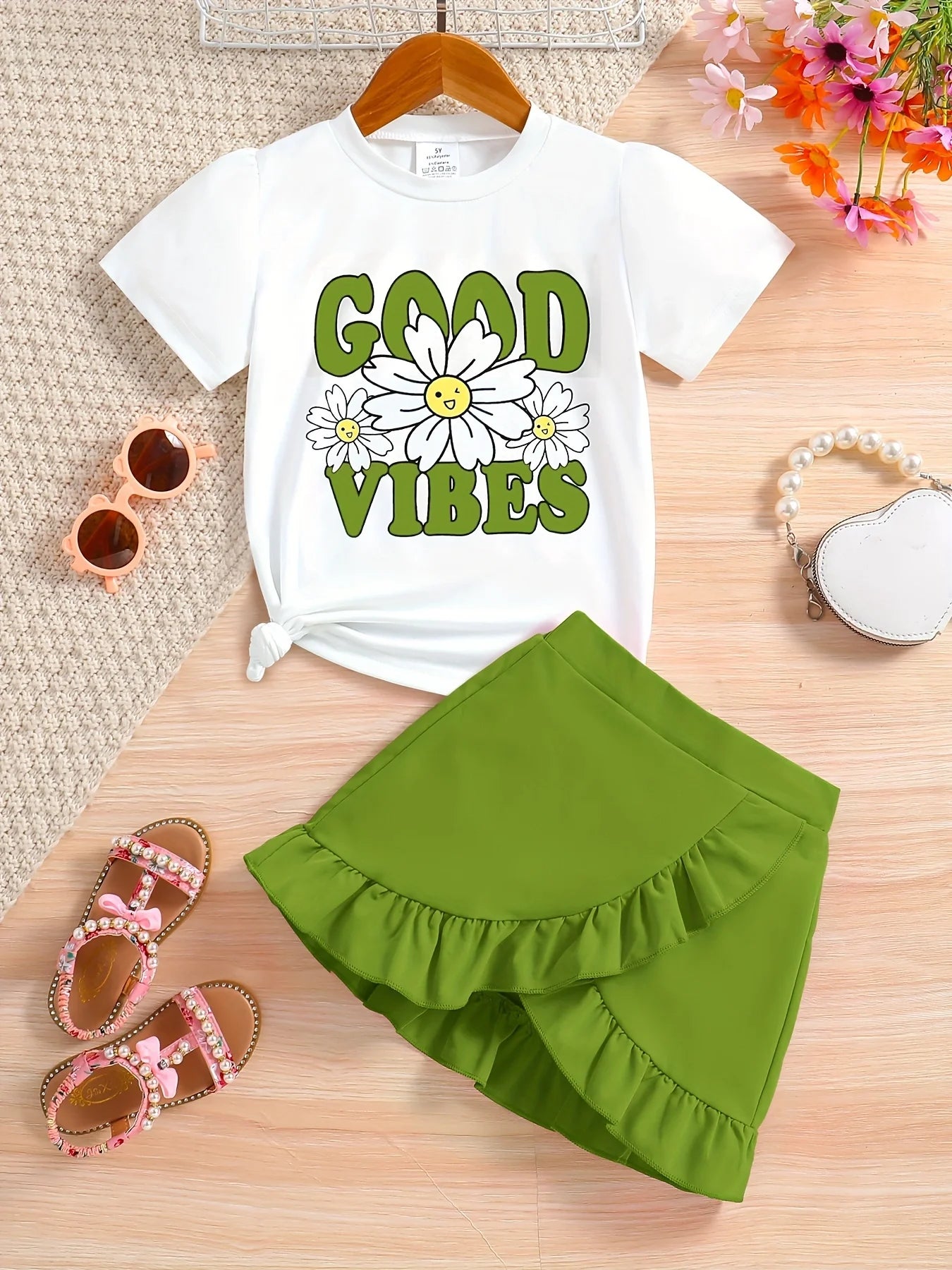 2-piece girls spring/summer fashion cute outdoor casual clothing white knit round neck Daisy print T-shirt + green pleated skirt