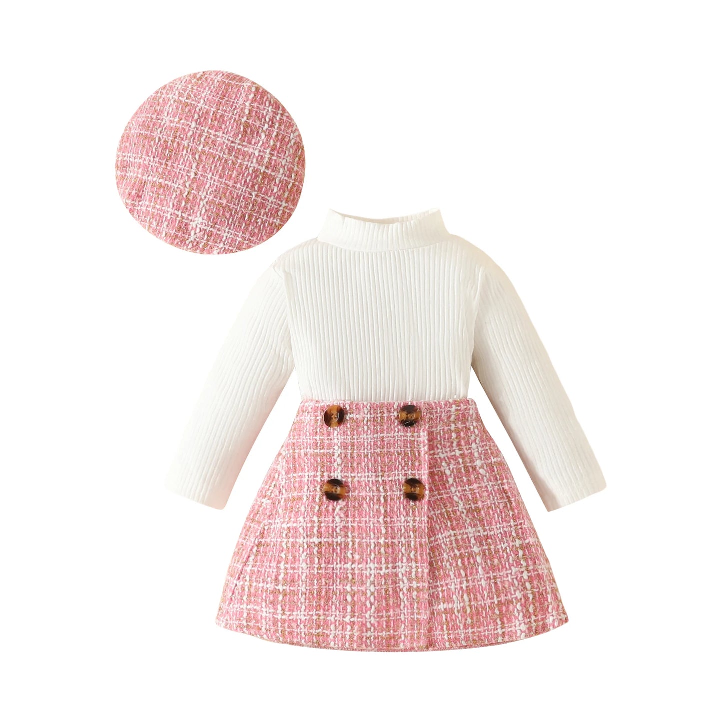 Ensemble bébé fille automne 2 pièces – Haut à manches longues & jupe à carreaux avec béret assorti (6 mois à 3 ans)