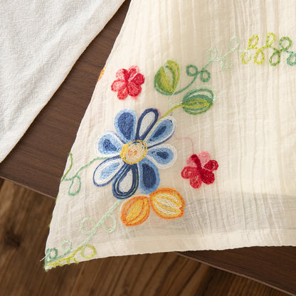 Robe d’été bébé fille beige – Broderies florales, col en coton doux