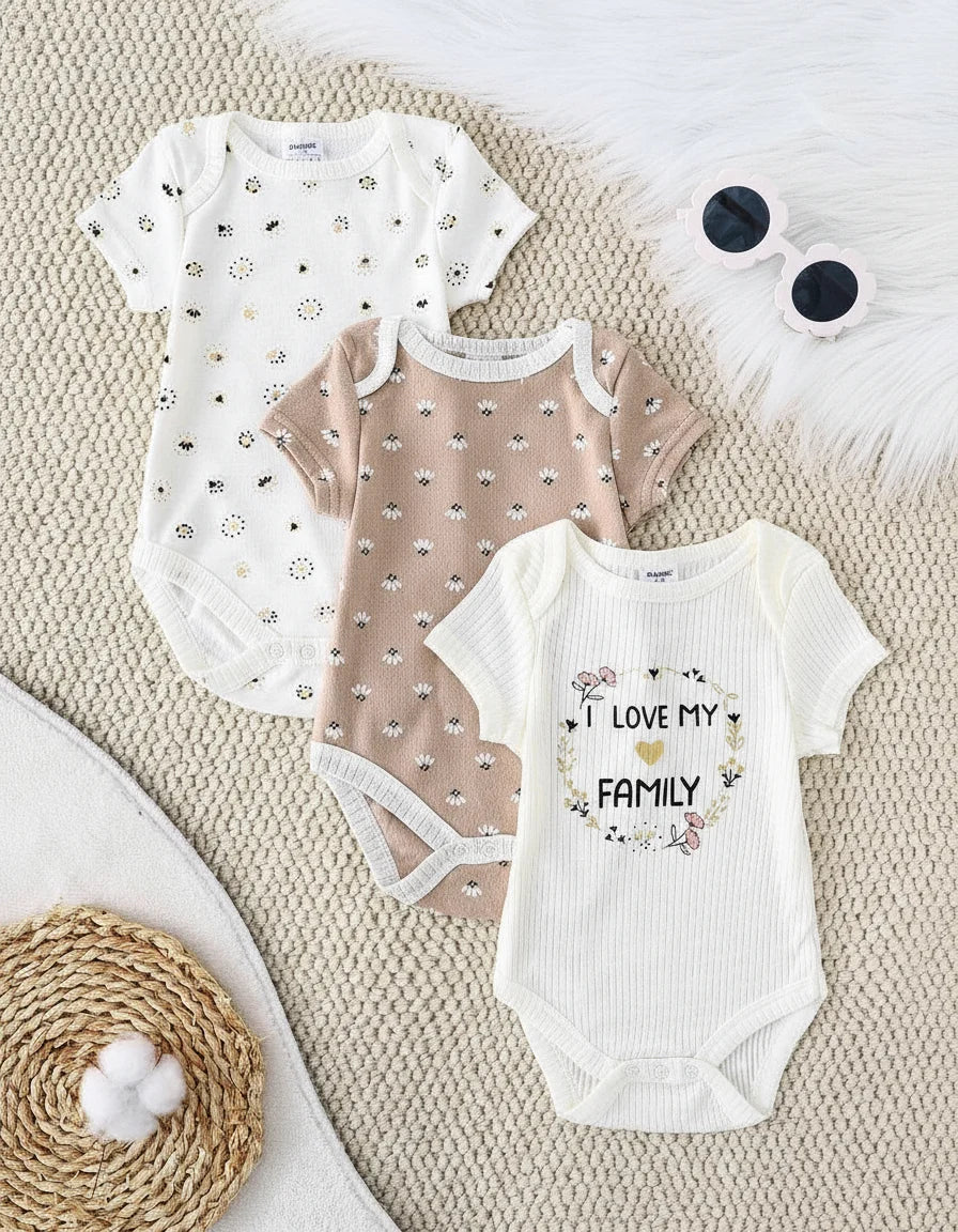 Lot de 3 bodys bébé fille – Motifs animaux & éléphant, coton doux