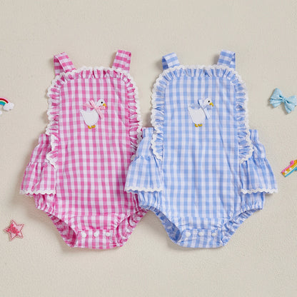 BeQeuewll été bébé fille body salopette douce sans manches Plaid broderie canard barboteuse mignon nœud dos nu nouveau-né vêtements
