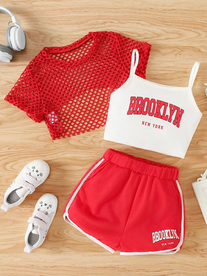 Ensemble 3 pièces d’été fille – Top mesh + Débardeur + Jupe/Short (7–13 ans)