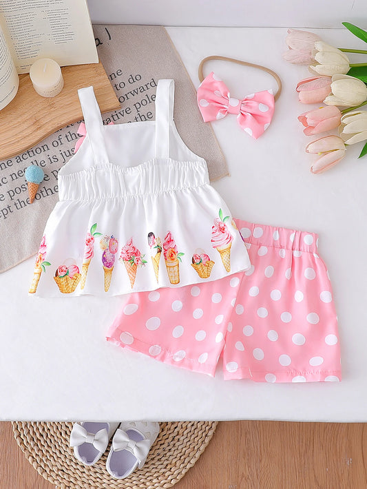 Ensemble été bébé fille crème & rose – Haut à bretelles et short à pois (2 pièces)