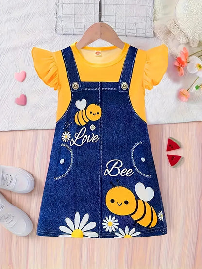 Robe Salopette Petite Abeille – Jaune & Denim (Fille)