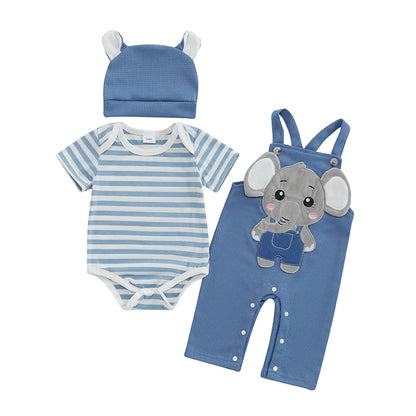 Ensemble Bébé 3 Pièces Élégance Éléphant – Barboteuse Rayée, Salopette et Bonnet (0-18 mois)