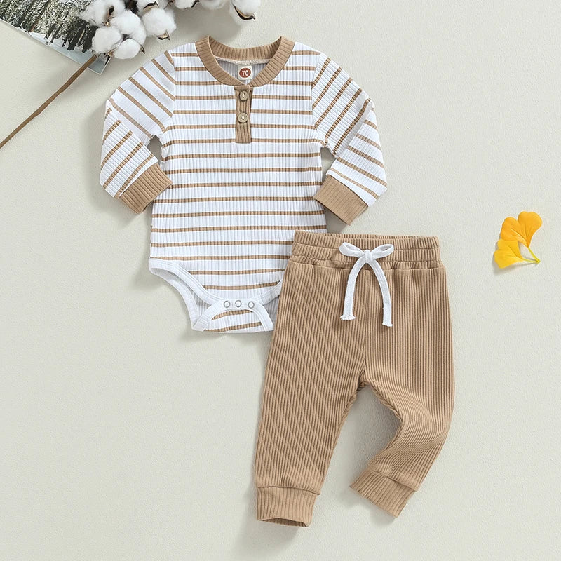 Ensemble bébé garçon automne 2 pièces – Barboteuse rayée & pantalon confortable (0 à 24 mois)