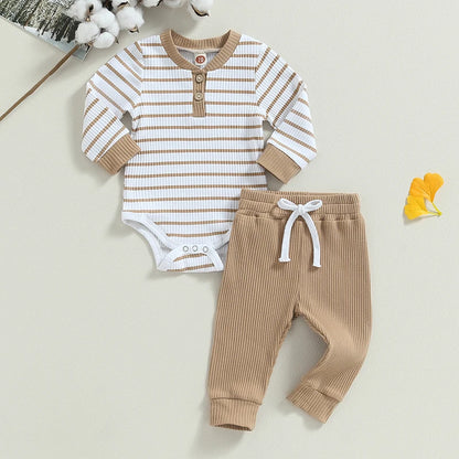 Ensemble bébé garçon automne 2 pièces – Barboteuse rayée & pantalon confortable (0 à 24 mois)