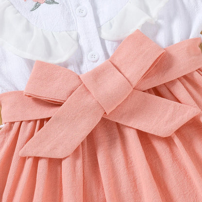 Robe Fille Brodée avec Nœud – Rose & Blanc, Look Fête (4–6 ans)
