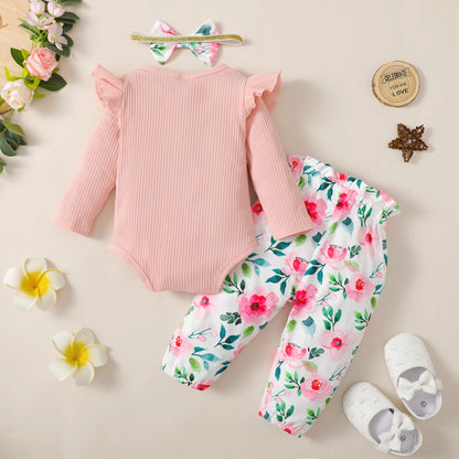 Ensemble Bébé Fille 3 Pièces – Body Manches Longues, Pantalon Fleuri & Bandeau – Printemps & Automne (0–12 mois)