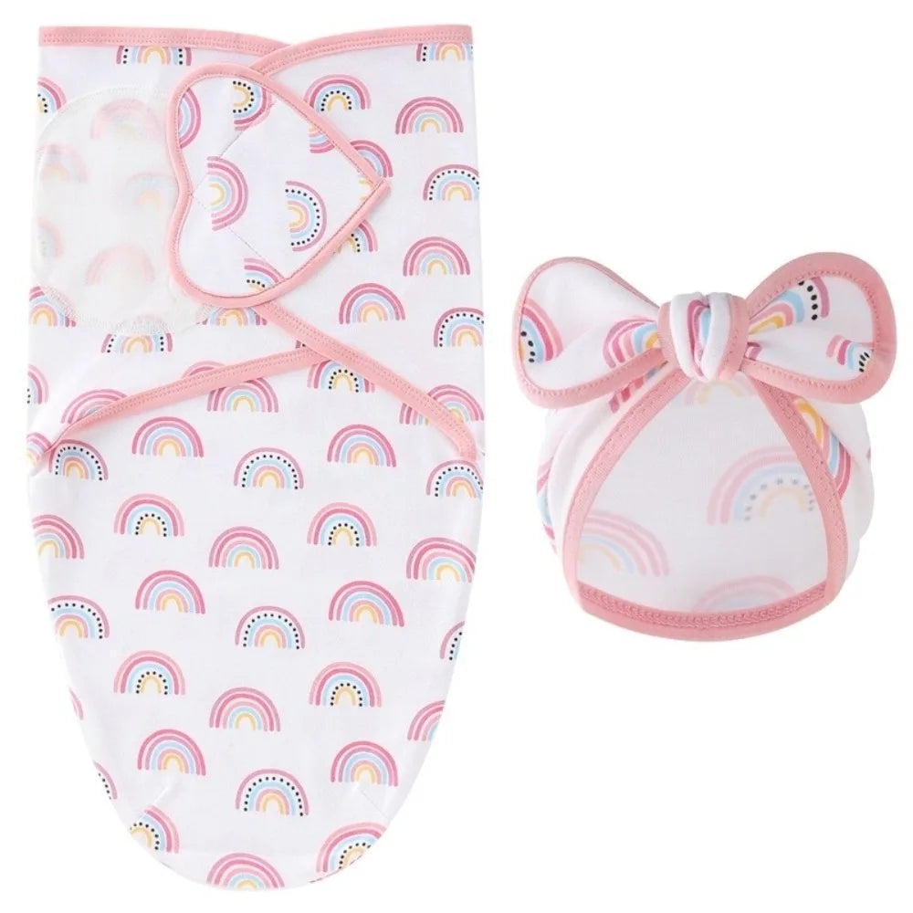 Ensemble naissance bébé 3 pièces – Couverture d’emmaillotage + bonnet à nœud papillon + moufles assorties