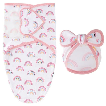 Ensemble naissance bébé 3 pièces – Couverture d’emmaillotage + bonnet à nœud papillon + moufles assorties