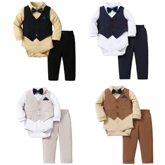 Tenue de gentleman à manches longues pour garçon, ensemble de barboteuses monochromes pour bébé, vêtements pour nouveau-né imbibés, premier anniversaire, printemps et automne, 3-36 mois