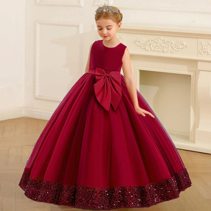 Robe Princesse Longue à Nœud Élégant – Cérémonie & Mariage pour Fille