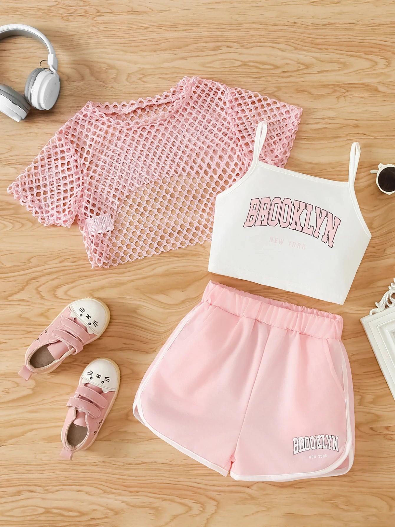 Ensemble 3 pièces d’été fille – Top mesh + Débardeur + Jupe/Short (7–13 ans)