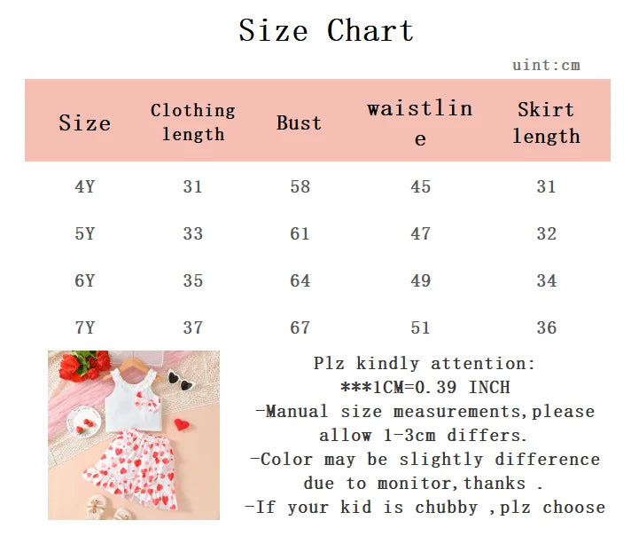 Ensemble Fille “Cœurs” – Haut Blanc & Jupe Imprimée Rouge (4–6 ans)