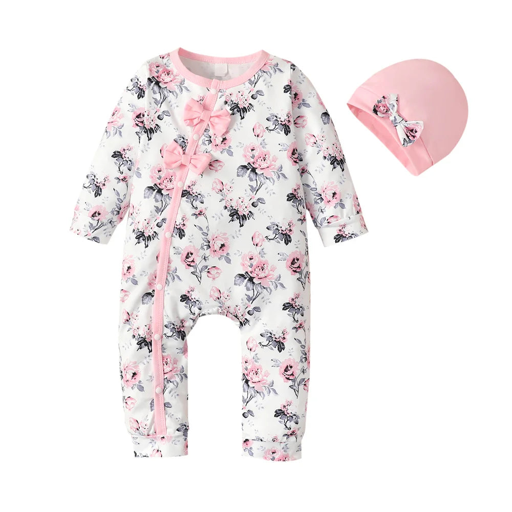 Grenouillère Bébé Fille Fleurie – Manches Longues, Nœud Chic | 0–18 Mois