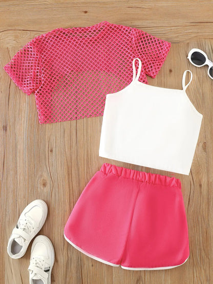 Ensemble 3 pièces d’été fille – Top mesh + Débardeur + Jupe/Short (7–13 ans)