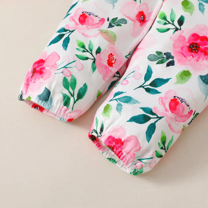 Ensemble Bébé Fille 3 Pièces – Body Manches Longues, Pantalon Fleuri & Bandeau – Printemps & Automne (0–12 mois)